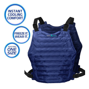 AlphaCool adjustable blue cooling vest with text overlays highlighting instant cooling comfort and one size fit