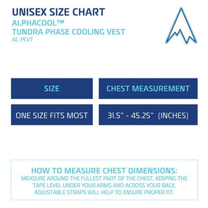 AlphaCool Tundra phase cooling vest unisex size chart showing one size fits most for chest measurements 31.5 to 45.25 inches