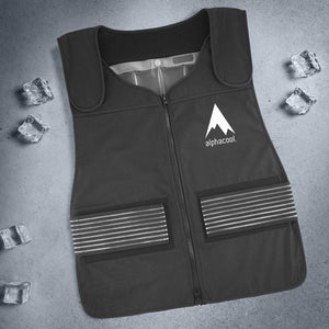 AlphaCool black cooling vest with reflective strips and logo on grey background with ice cubes