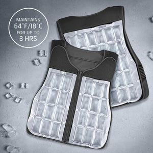 AlphaCool cooling vest with clear ice pack inserts on a grey background