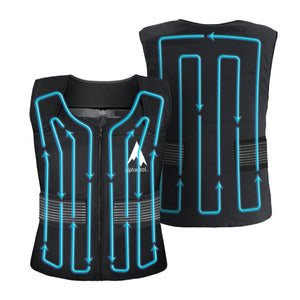 AlphaCool black cooling vest showing internal blue circulation tubing pattern