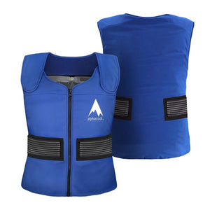 AlphaCool blue cooling vest with front zipper and side adjustment straps