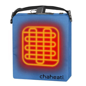 Chaheati blue square heated seat cushion with glowing orange heating element graphic