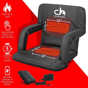Chaheati heated stadium seat with battery and charger showing 150 degree heat and 6 hour battery life