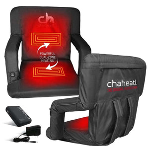 Chaheati black heated stadium seat with dual zone heating elements and included battery pack
