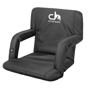 Chaheati black folding stadium seat with armrests and brand logo