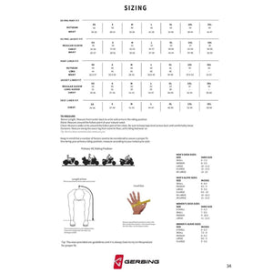 Gerbing sizing chart for apparel including pants jackets liners and gloves with measurement instructions
