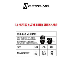 Gerbing unisex heated glove liner size chart showing hand measurement instructions and size ranges