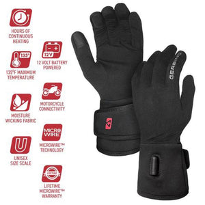 Gerbing black heated motorcycle gloves with feature icons for battery power and temperature settings