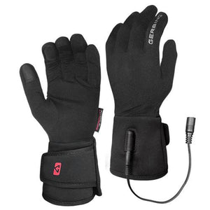 Pair of black Gerbing heated gloves with power cable