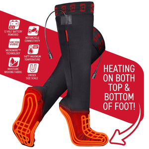 Gerbing heated socks with 12V battery power and heating elements on the top and bottom of the foot
