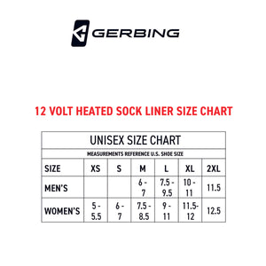 Gerbing 12 volt heated sock liner unisex size chart showing US shoe size conversions for sizes XS to 2XL