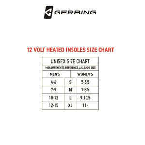 Gerbing 12 volt heated insoles unisex size chart showing men and women US shoe size conversions for sizes S to XL