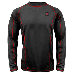Gerbing black long sleeve heated base layer shirt with red contrast stitching and power button on chest