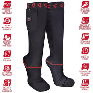 Gerbing black heated socks with feature icons highlighting battery power and heating technology