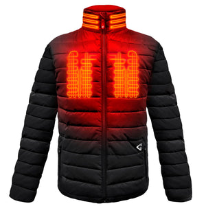 Gerbing heated jacket with glowing orange heating elements on chest and collar