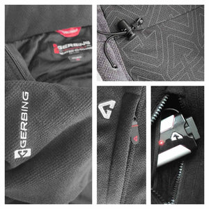 Gerbing heated jacket details showing logo, drawstring, zipper pocket, and battery pack