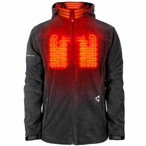 Gerbing heated fleece jacket with glowing red heating elements on chest and collar