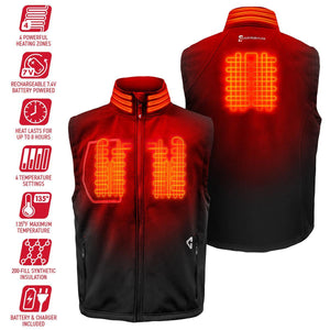 Gerbing heated vest showing front and back heating zones with feature icons