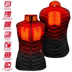 Gerbing heated vest showing front and back views with highlighted heating zones and feature icons