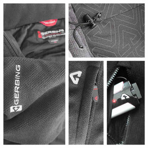 Gerbing heated jacket details showing logo, drawstring, zipper pocket, and battery pack