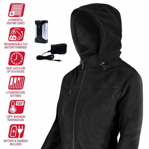 Black hooded heated jacket with battery pack, charger, and feature icons showing four heating zones and settings