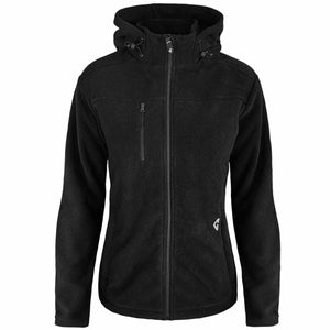Black hooded fleece jacket with full zip and chest pocket