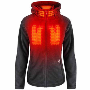 Black and red heated hoodie with visible glowing orange heating elements on chest and neck
