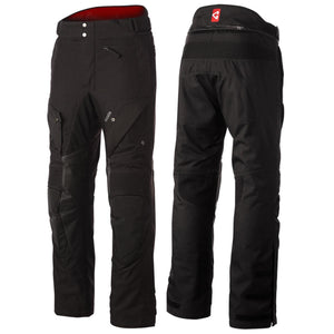 Front and back view of black motorcycle riding pants with reinforced knees and pockets