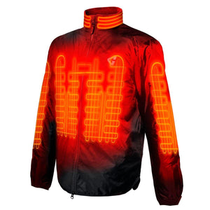 Red and black heated jacket with visible orange heating elements on the chest and collar