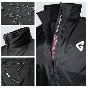 Gerbing heated jacket details showing water resistant fabric, collar, and power cable connection