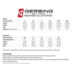 Gerbing heated clothing men and women size chart with measurement instructions