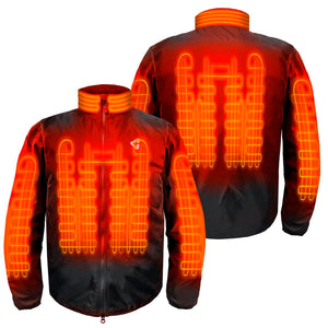 Front and back view of a black heated jacket showing internal orange heating elements