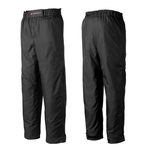 Front and back view of black Gerbing waterproof overpants with elastic waistband