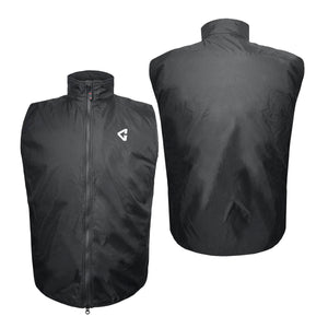 Front and back view of a black Gerbing heated vest with a high collar and front zipper