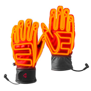 Pair of black heated gloves with glowing orange heating elements visible on fingers and palms