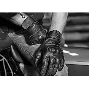 Black leather motorcycle gloves with knuckle protection and wrist straps