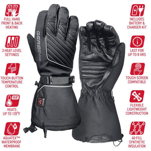 Gerbing heated gloves with feature icons for battery life, waterproof membrane, and touch screen compatibility