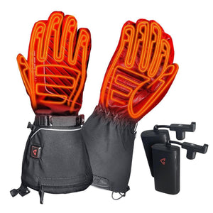 Gerbing heated gloves with visible internal heating elements and two rechargeable battery packs