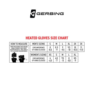 Gerbing heated gloves size chart for men and women with hand measurement instructions