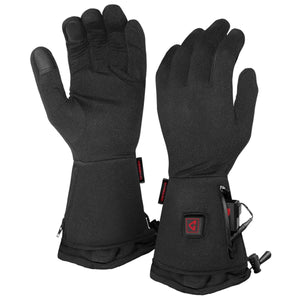 Pair of black Gerbing heated gloves with battery compartment and power button on the cuff