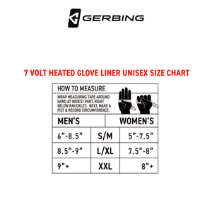 Gerbing 7 volt heated glove liner unisex size chart with measurement instructions