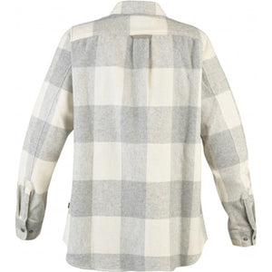 Back view of a FjallRaven grey and white plaid long sleeve button up shirt