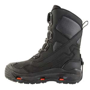 Korkers black high top wading boot with dial lacing system and orange sole accents