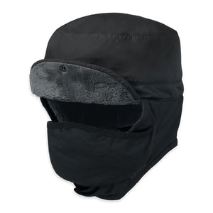 Outdoor Research black trapper hat with faux fur lining and integrated face mask