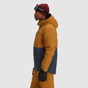 Person wearing an Outdoor Research colorblocked hooded jacket with a Smith beanie and goggles