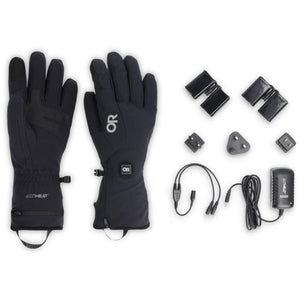 Outdoor Research AltiHeat heated gloves with batteries, charging cables, and international power adapters
