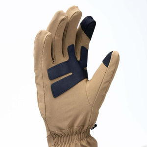Outdoor Research tan glove with dark blue palm reinforcement and fingertip patches