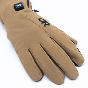 Tan Outdoor Research heated glove with black logo