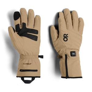 Outdoor Research tan heated gloves with black palm grip and zippered battery pocket